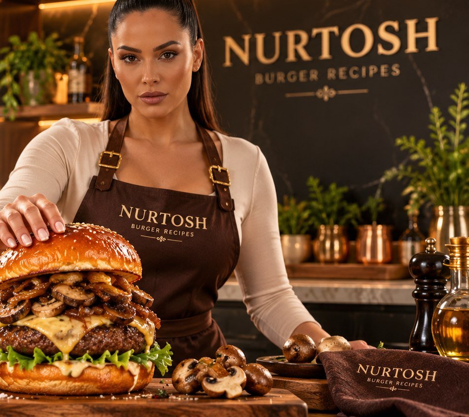 Nurtosh wearing her branded chef apron presenting a gourmet beef burger